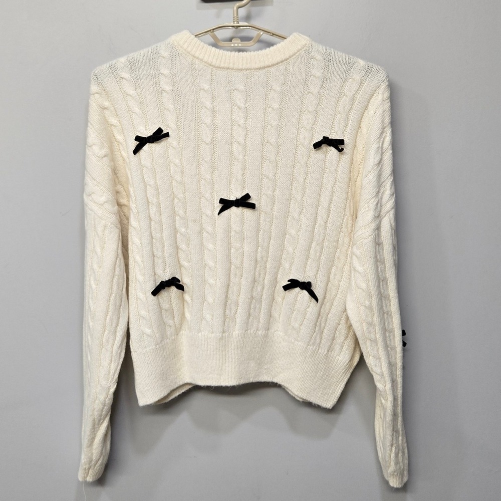 Womens Cream Cable Knit Bow Sweater Medium Balletcore Coquette Soft Girl Cottage